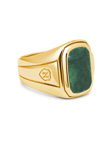 Nialaya Men's Ring Men's Oblong Gold Plated Signet Ring with Green Jade